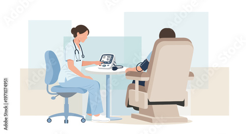 Nurse checks patient's blood pressure in a modern medical clinic examination room.