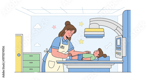 Nurse Comforts Child During Medical X-ray Scan in Pediatric Hospital Room