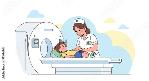 Nurse Comforts Child Undergoing MRI Scan in Medical Imaging Room