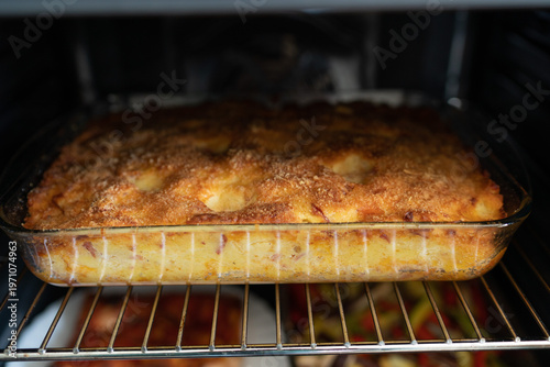 A rustic Neapolitan Potato Gateau fresh from the oven. A savory Italian dish made with mashed potatoes, melted mozzarella, Italian cured meats, and eggs, baked until golden with a crispy breadcrumb to