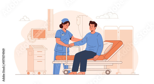 Nurse comforting patient in hospital bed, medical care and support concept