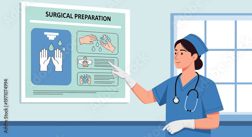 Nurse demonstrates surgical preparation steps on a poster about hygiene and sterile procedures.