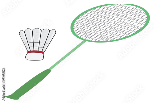 Badminton essentials illustration: The classic badminton gear, a vibrant racket alongside a feathered shuttlecock, set against a pristine, uncluttered background.