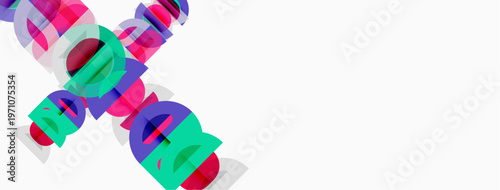 Abstract design features overlapping colorful text elements. Bright hues create dynamic visual impact against white background.