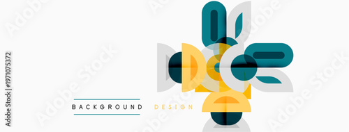 Abstract geometric shapes overlap, creating modern design. Colors include teal, gold, gray, pale yellow. Minimalist style background.