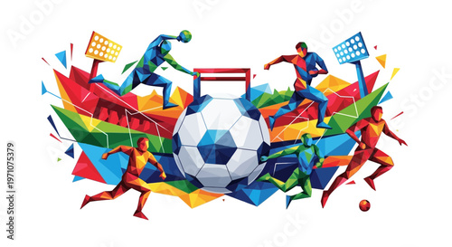 Dynamic Soccer Players and Giant Ball - Abstract Geometric Sports Illustration