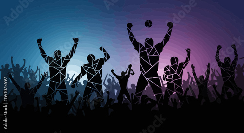 Energetic Crowd Celebrating with Abstract Geometric Silhouettes and Colorful Lights