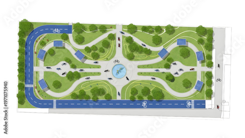 Public Park Layout CAD Top Down Schematic Plan Bike Lanes Solar Lighting Trees