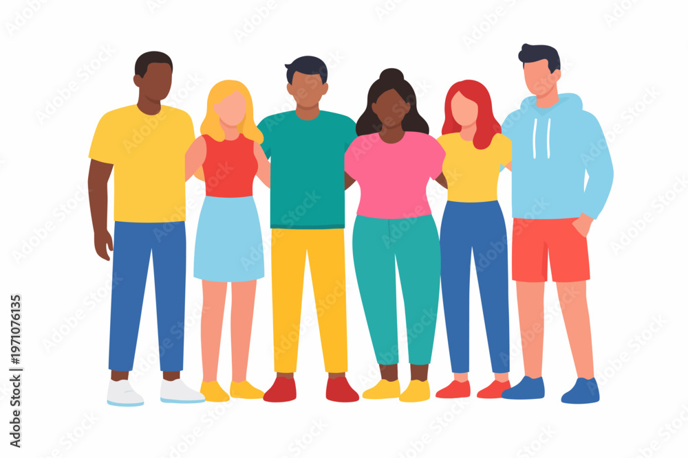 Fototapeta premium Diverse group of young adults standing together in colorful outfits