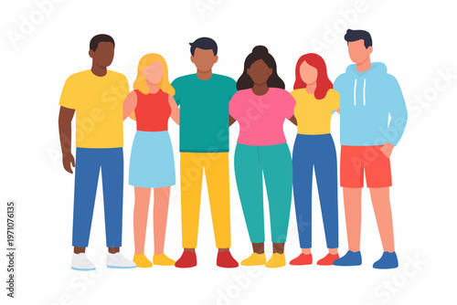 Diverse group of young adults standing together in colorful outfits
