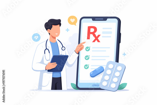 Male doctor reviewing digital prescription on tablet with medication and checklist