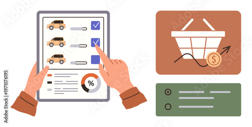 Online shopping, ecommerce, car selection, market analysis, consumer behavior, sales growth. Hands interacting with a checklist on a tablet and data visualization. Online shopping and ecommerce