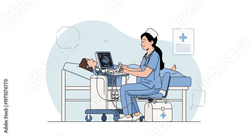 Nurse Performing Ultrasound Examination on Patient Lying on Medical Bed