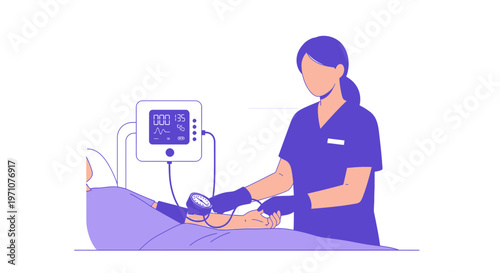 Nurse measures patient's blood pressure with digital monitor during medical checkup
