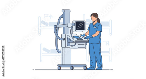 Nurse operating advanced medical ventilator in hospital ward with patients in background