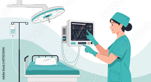 Nurse monitors patient vital signs on EKG machine in modern hospital operating room