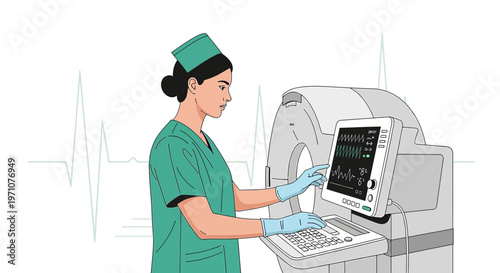 Nurse operating CT scanner for medical imaging procedure, advanced technology in healthcare