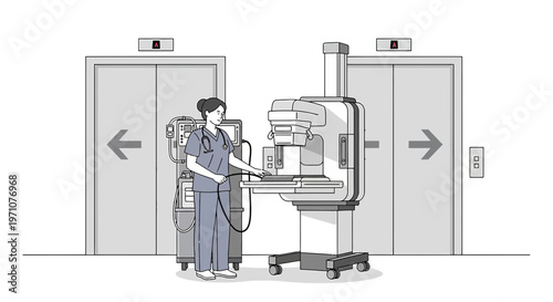 Nurse Operating Mammography Machine Near Elevators in Hospital