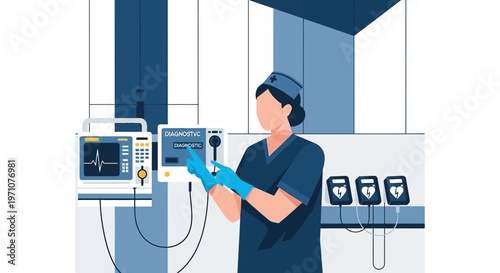 Nurse operating medical diagnostic equipment in hospital room