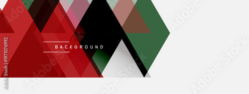 Abstract geometric shapes overlap. Red, green, black hues dominate design. White space provides contrast, text reads background. Minimalist composition.