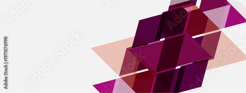 Abstract geometric shapes overlap, creating layered visual effect. Pink, purple hues dominate white background. Modern design.