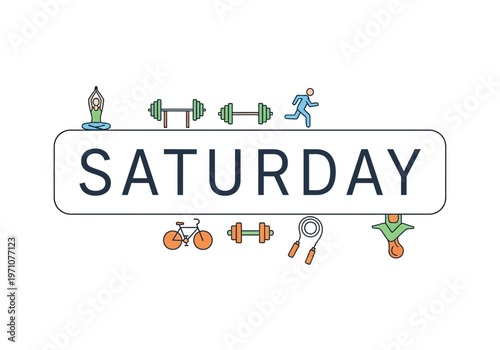 Vibrant line art illustration capturing a full Saturday fitness routine, featuring diverse exercise activities and wellness elements for a healthy and active lifestyle on the weekend