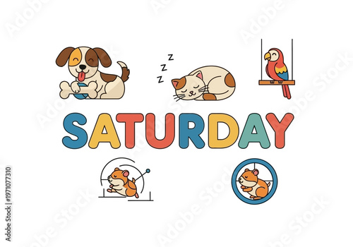 A cheerful and colorful illustration depicting various beloved pets enjoying their relaxing Saturday with playful activities and a prominent 'SATURDAY' text, symbolizing weekend fun and companionship