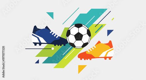Soccer ball and cleats on abstract geometric background, sports concept