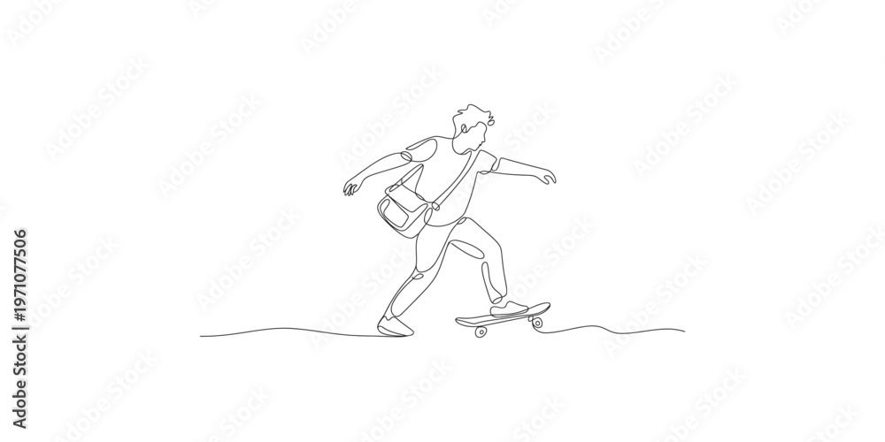 Fototapeta premium Young man skateboarding with a bag on one shoulder in a continuous line drawing style