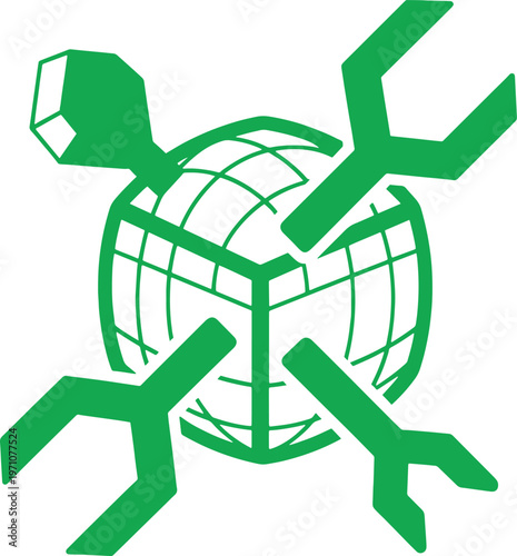 Green abstract geometric whisk shape with globe and lines