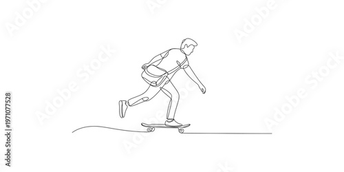 Man riding a skateboard in a one-line drawing style with a bag on his back