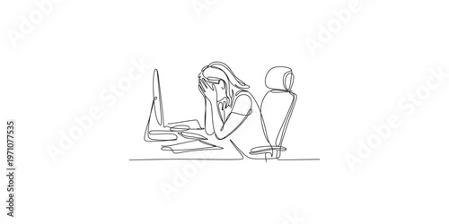 Continuous line drawing of stressed woman sitting at a computer desk frustrated overwhelmed tired exhausted