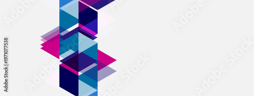 Abstract geometric design. Overlapping squares, rectangles create dynamic composition. Purple, blue, pink hues dominate white background. Modern aesthetic.