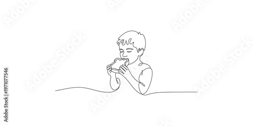 Continuous line drawing of a child eating a sandwich with eyes closed in satisfaction kid