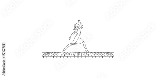 Woman dancing on piano keyboard in one line drawing style single art continuous dancer music