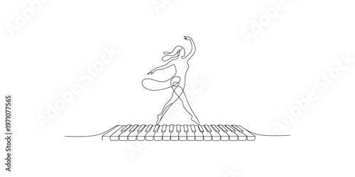 Woman dancing on piano keyboard in a single line drawing style dance music dancer instrument