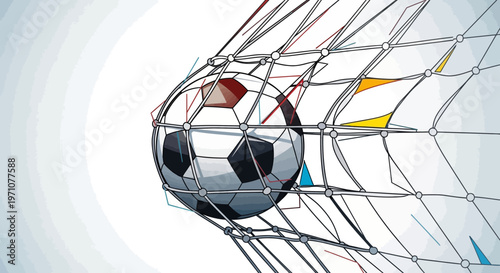 Soccer ball hitting the net, goal scored, dynamic motion, abstract illustration