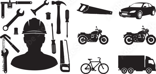 construction worker builder tools helmet silhouette set black vector.