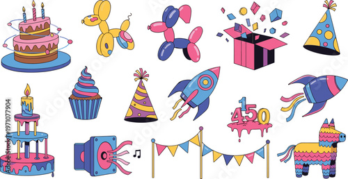 Birthday Party Elements Set with Cake Balloons Rocket Gift Banner Pinata Vector