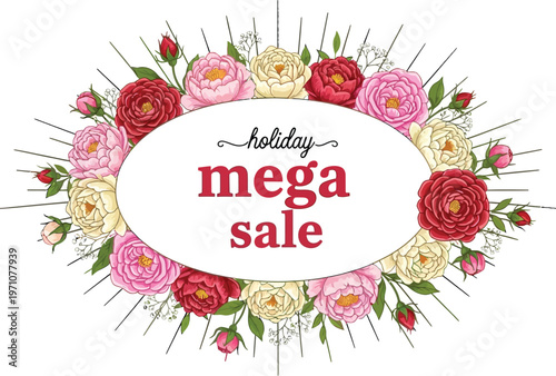 A colorful floral wreath with roses and text reading 'holiday mega sale' on a white background