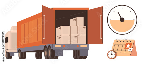 Shipping, supply chain, delivery schedules, time management, freight services, cargo transport. Truck with open cargo containing boxes, clock and calendar symbols. Shipping and delivery schedules