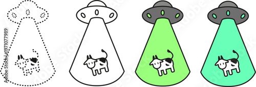 A versatile set featuring the UFO abduction scene in full color, clean line-art, and versions with playful dashed-line flight paths. These editable elements are perfect for educational infographics, D