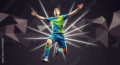 Soccer Player Celebrating Goal, Dynamic Geometric Background, Victory!