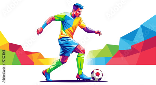 Soccer Player Dribbling Ball, Geometric Style, Colorful Background