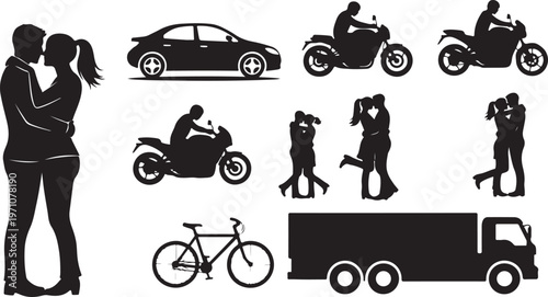 couple love romantic hugging kissing silhouette set black flat design white background