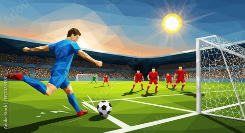 Soccer Player Kicking Ball Towards Goal During Match