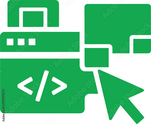 Green computer mouse cursor over code on a computer screen with a window and a document