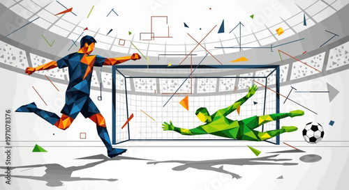 Soccer Player Kicking Ball Towards Goal, Goalkeeper Diving