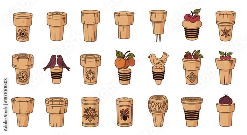 Extensive collection of decorative wine corks with various top designs including birds fruit and floral patterns.