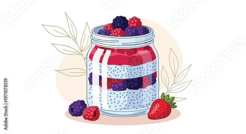 Healthy chia seed pudding with vibrant layers of berries is served in a glass jar, surrounded by fresh strawberries and blackberries.